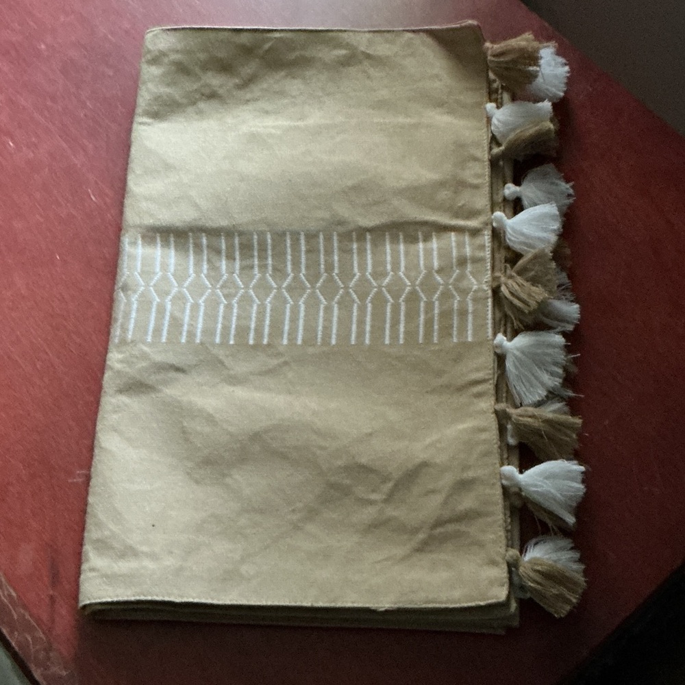 NEW Neutral Tassel table runner with Geometric Stitching